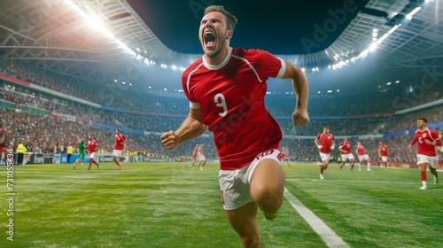 Excited soccer player sprints, celebrates goal in stadium. Crowd joins in cheers in vast arena.