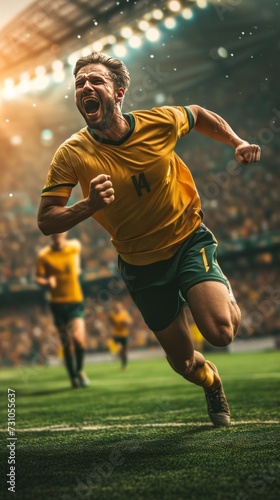 Excited soccer player sprints, celebrates goal in stadium. Crowd joins in cheers in vast arena. © vadymstock
