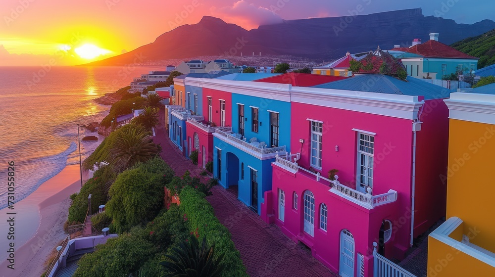 the sun is setting over a row of colorful houses on the shore of a beach in cape town, cape town, cape town, cape town, cape town, cape town, cape town, south africa.