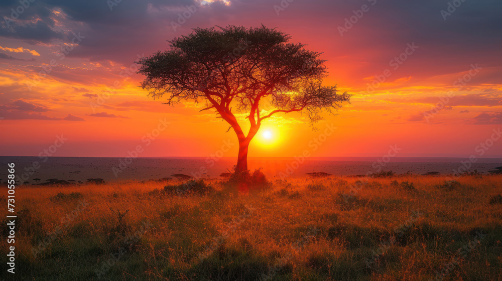 a tree in the middle of a field with the sun setting in the background and a few clouds in the sky.