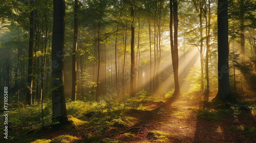 Wald panorama mit Sonnenstrahlen. © John