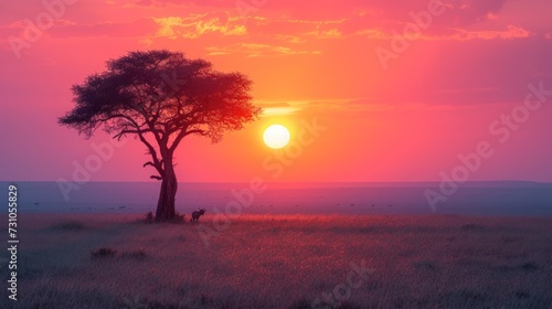 a giraffe standing next to a tree in the middle of a field with the sun setting in the background.