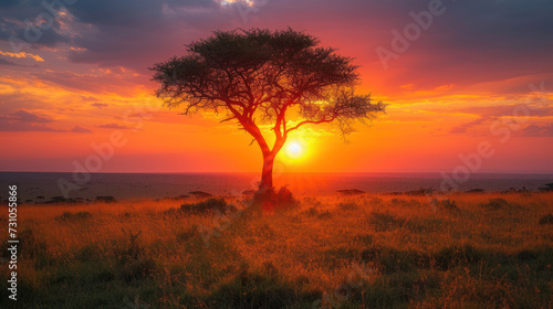 a tree in the middle of a field with the sun setting in the background and a few clouds in the sky.