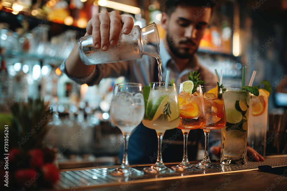 A bartender making several cocktails, adding a mix to one of them.