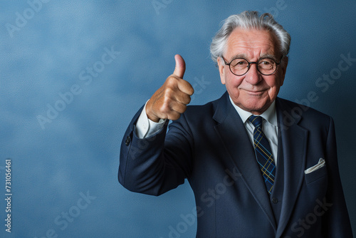 An old businessman giving advice on a blue background.