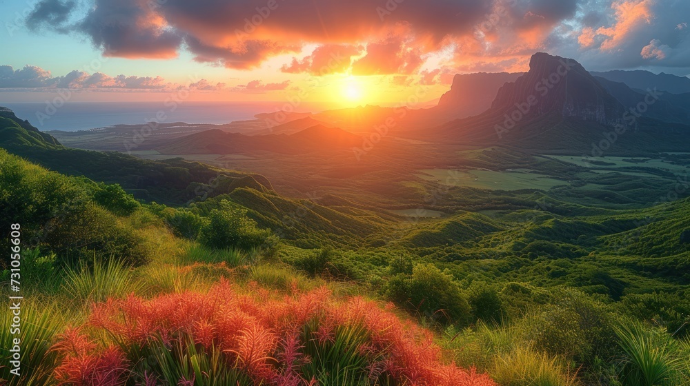 the sun is setting over the mountains with lush green grass and red flowers in the foreground and a mountain range in the background.