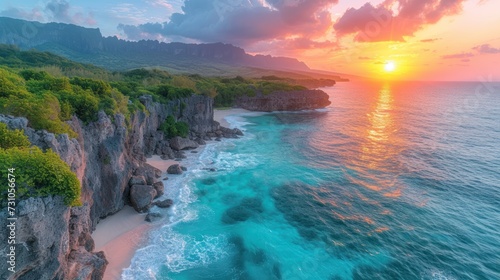 the sun is setting over the ocean with a rocky cliff on one side and a sandy beach on the other side.