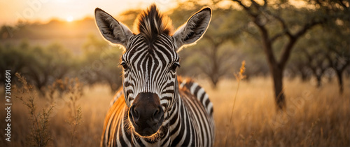 Portrait of a zebra in the African savannah, closeup of wildlife photo