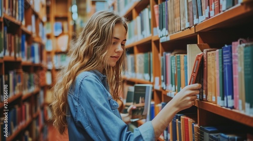 A female university student carefully selects a book from the shelf in the library, reflecting her scholarly pursuits and quest for knowledge.
