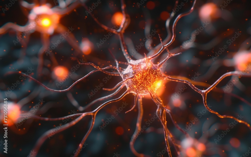 Neuron cell network on black background symbolizes firing neurons. Medical illustration showcases glowing signals. Neuron cell network on black background symbolizes firing neurons. Medical illustration showcases glowing signals.
