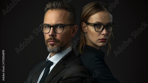 Professional man and woman in business attire posing confidently. stylish business team portrait. corporate fashion and leadership concept. AI