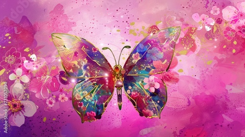 a colorful butterfly sitting on top of a purple and pink flower covered background with lots of pink and purple flowers. © Nadia