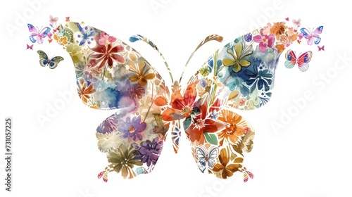 a watercolor painting of a butterfly with colorful flowers on it's wings and wings spread out to the side.