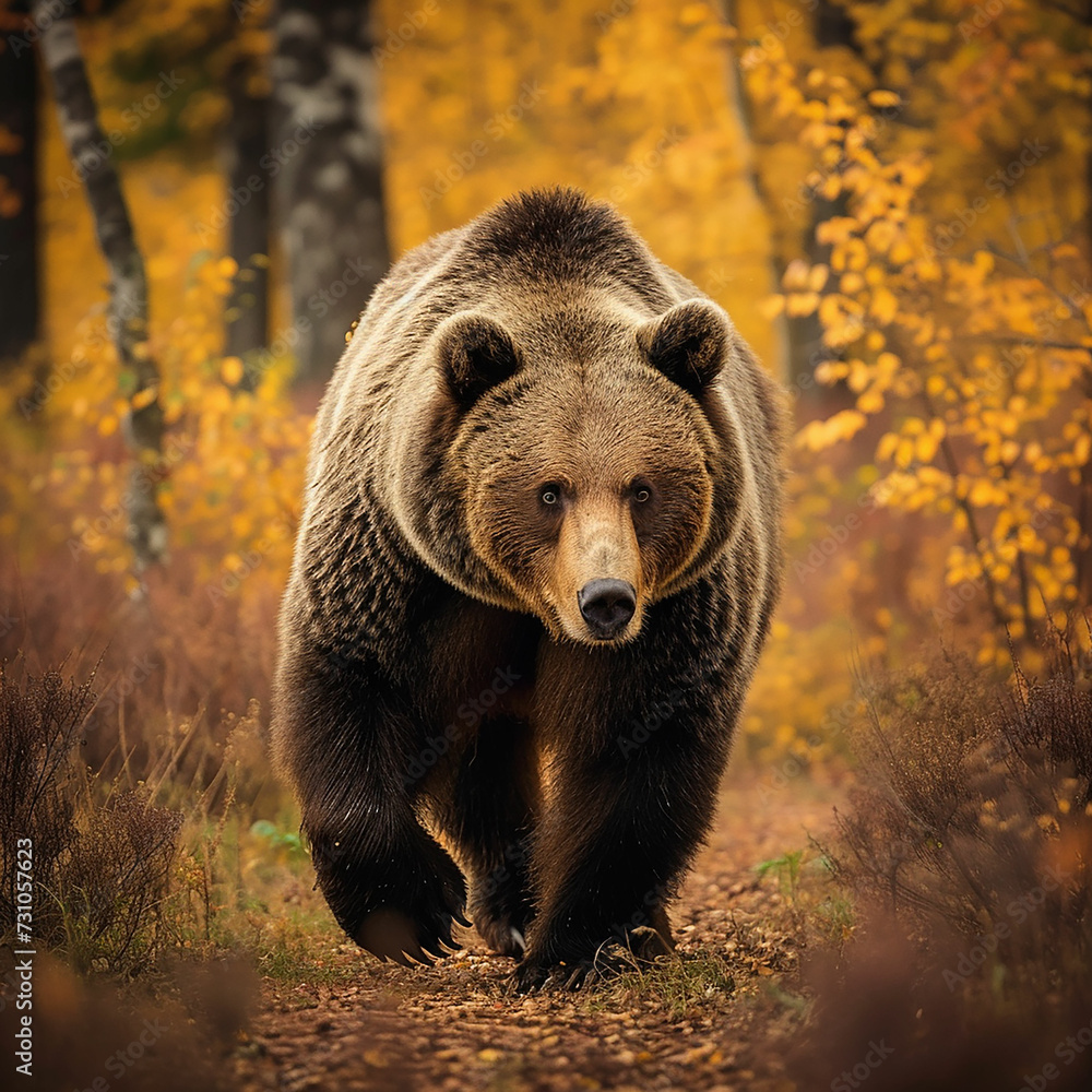 Fototapeta premium Large brown bear strolling through an autumn forest. Made with generative ai