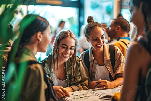 Group of young people doing check-in of youth hostel guest house - Happy tourists talking with receptionist at hotel lobby - Summer vacations and tourism, Generative AI photo