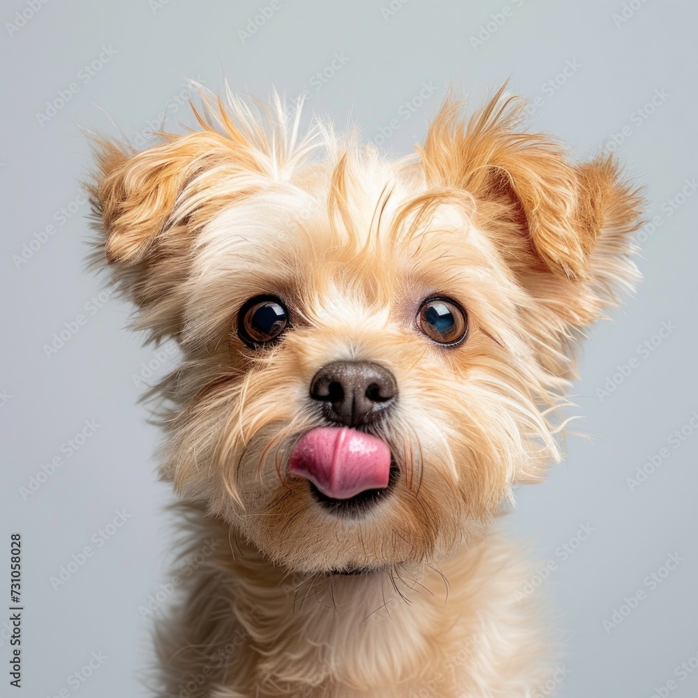 In a studio shot, a little poodle dog is captured from the front, licking its lips, providing ample copy space for text.