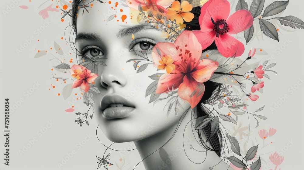 a digital painting of a woman's face with flowers in her hair and a wreath of leaves on her head.