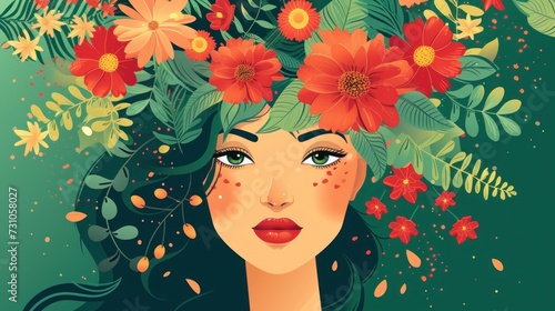 a woman with flowers on her head and leaves on her head, surrounded by leaves and flowers, on a green background. photo
