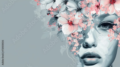 a digital painting of a woman s face with flowers in her hair and on her face is a gray background.