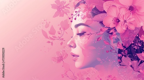 a woman's face with pink flowers on her head and a pink background with pink flowers on her head.
