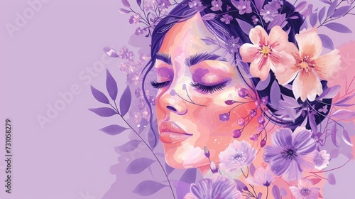 a painting of a woman's face with flowers in her hair and a wreath of leaves on her head. © Nadia
