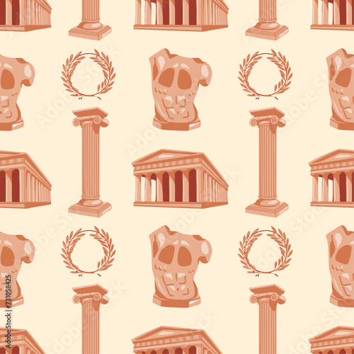Seamless pattern with Greek motifs. Acropolis, column, torso statue and winner's wreath on beige background for unique designs. Historical and museum values. Wrapping paper, postcards, printing