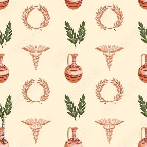Seamless pattern with Greek motifs. Jug, winner's wreath and olive sprigs on beige background for unique designs. Historical and museum values. Wrapping paper, postcards, printing