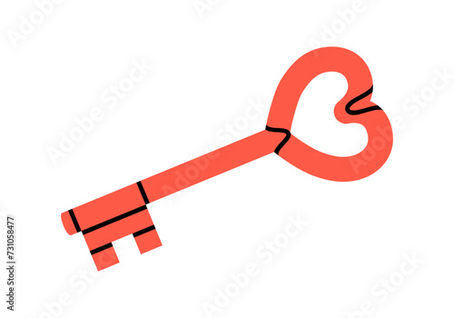 Hand drawn cute cartoon illustration of heart shaped key. Flat vector search for love sticker in doodle style. Valentine's Day icon. Understanding or loyalty. Keep feelings locked up. Isolated.