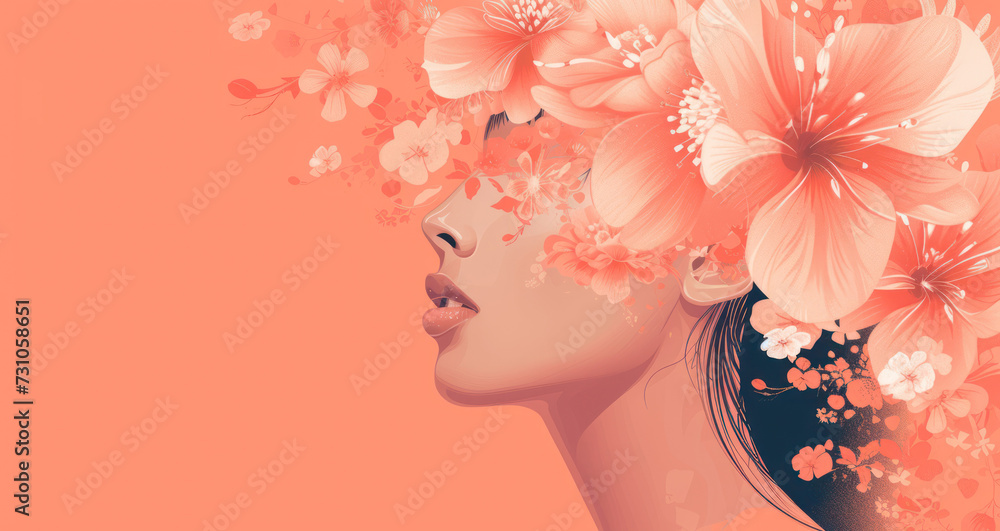 a painting of a woman with flowers in her hair and a flower in her hair, against an orange background. a painting of a woman with flowers in her hair and a flower in her hair, against an orange background.