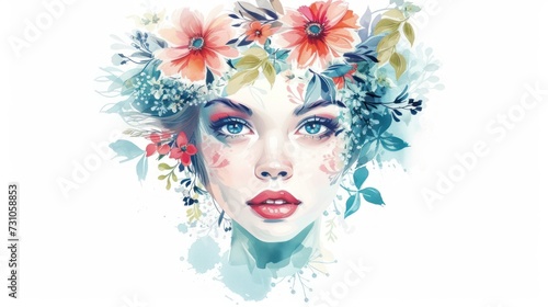 a watercolor painting of a woman with flowers in her hair and a flower crown on her head, with a white background.