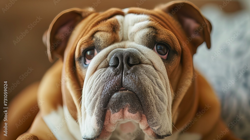 A comical portrait captures the essence of a purebred English Bulldog, highlighting its distinctive features and charming personality. A comical portrait captures the essence of a purebred English Bulldog, highlighting its distinctive features and charming personality.