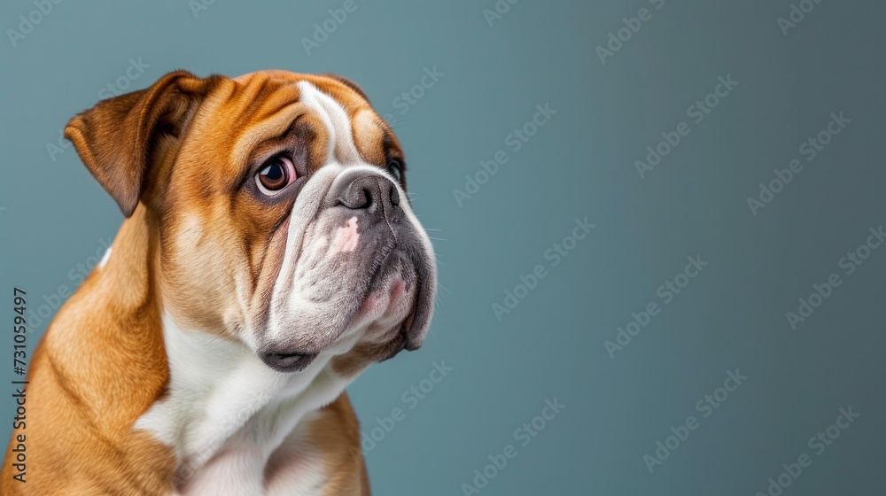 A humorous portrait of a purebred English Bulldog provides ample copy space for text, creating a charming and versatile image.