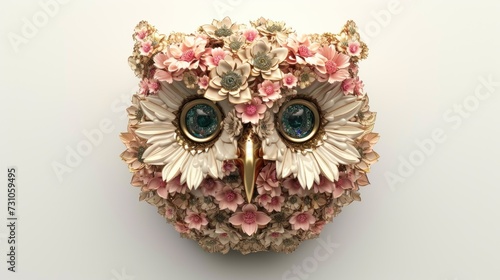 a close up of an owl's head with flowers on it's head and a blue eye on it's face. photo