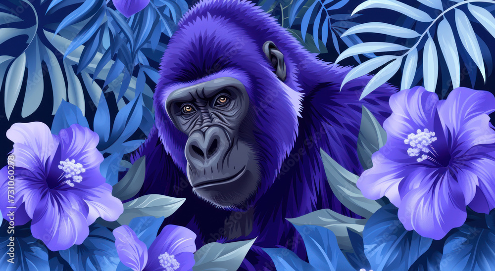 a gorilla in the jungle surrounded by purple flowers and palm leaves, with a blue flower in the foreground.