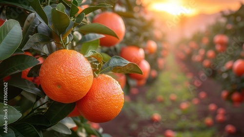 a group of oranges hanging from a tree in a field of oranges with the sun setting in the background.
