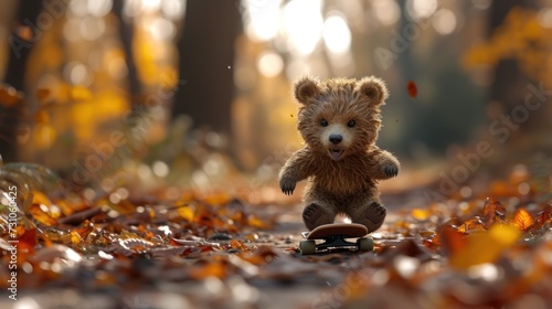 a teddy bear riding a skateboard on a leaf covered path in a forest with autumn leaves on the ground.