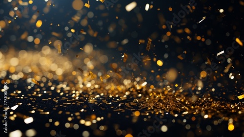 Golden confetti sparkles against a black isolated background, embodying the festive spirit of Christmas and New Year celebrations in a trendy and glamorous golden hue.