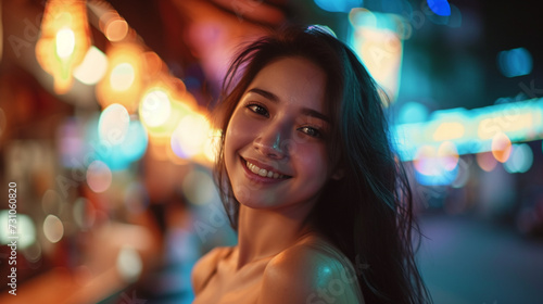 young adult woman, asian, happy bright smile, out in nightlife, bar scene or city life, fictional location © wetzkaz
