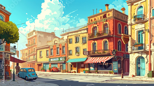 Colorful old fashioned downtown. Cartoon style illustration.