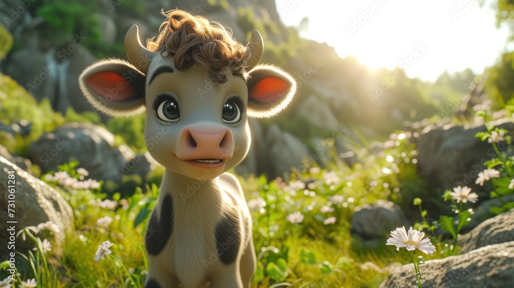 a close up of a small cow in a field of grass with rocks in the background and flowers in the foreground. a close up of a small cow in a field of grass with rocks in the background and flowers in the foreground.