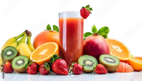 Mixed juice glass with fruits, banana, strawberry, orange, pomegranate, carrot, apple, grapefruit, kiwi