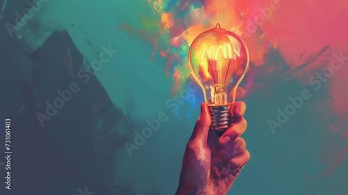 Contemporary art illustration of a hand holding a light bulb, symbolizing thought, intelligence, brainstorming, and invention concepts.