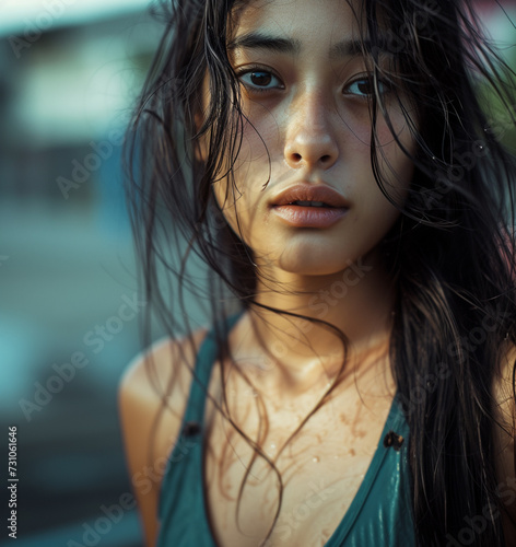 Desperate facial expression of a young adult woman, Asian or Indonesian multiracial, fictional location, worries and problems and despair, failed and hopeless