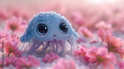 a close up of a jellyfish in a field of flowers with drops of water on it's eyes.