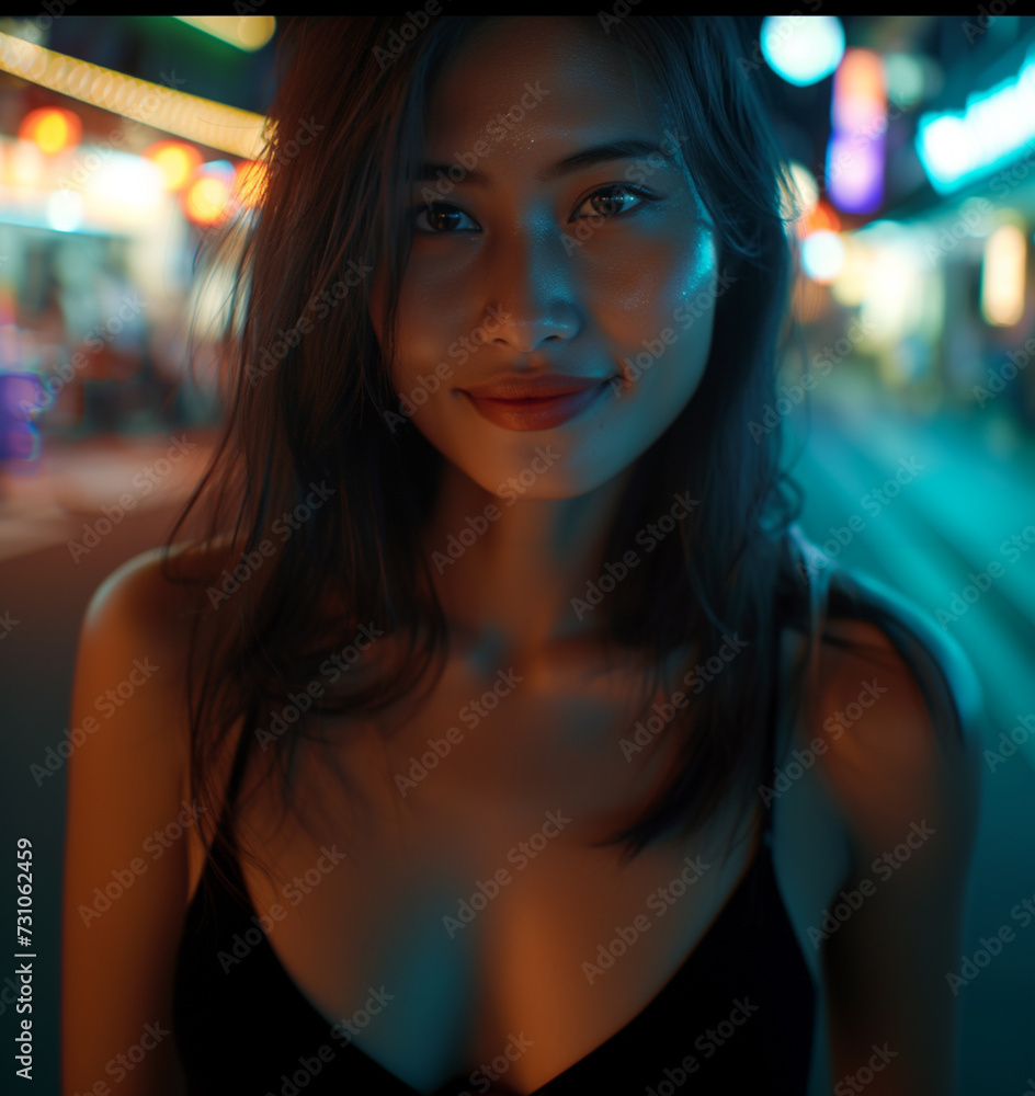 Fototapeta premium attractive woman at nightlife in a narrow side street, local woman local, attractive, Asian or Indonesian or South American, single life, fictional location