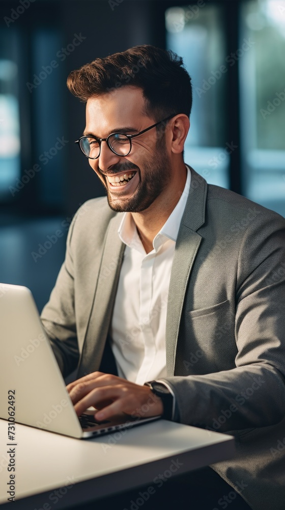 A contented businessman engages in a video call through his laptop at the office, showcasing modern work practices and digital communication. A contented businessman engages in a video call through his laptop at the office, showcasing modern work practices and digital communication.
