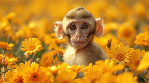 a monkey sitting in the middle of a field of yellow flowers with a surprised look on it's face. photo
