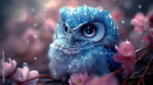 a painting of a blue owl sitting on a branch of a tree with pink flowers and drops of water on it.