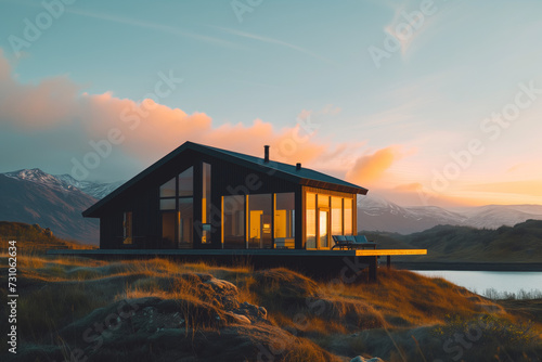 A black luxury vacation home with a view overlooking the mountains at sunset.