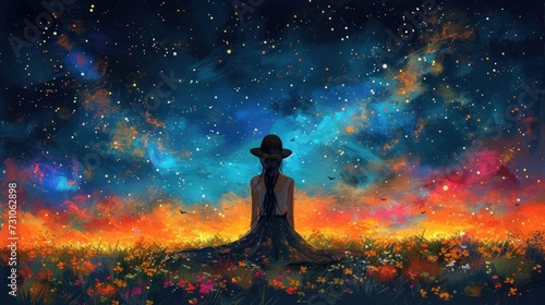 a painting of a woman sitting on a tree in a field with a sky full of stars in the background.